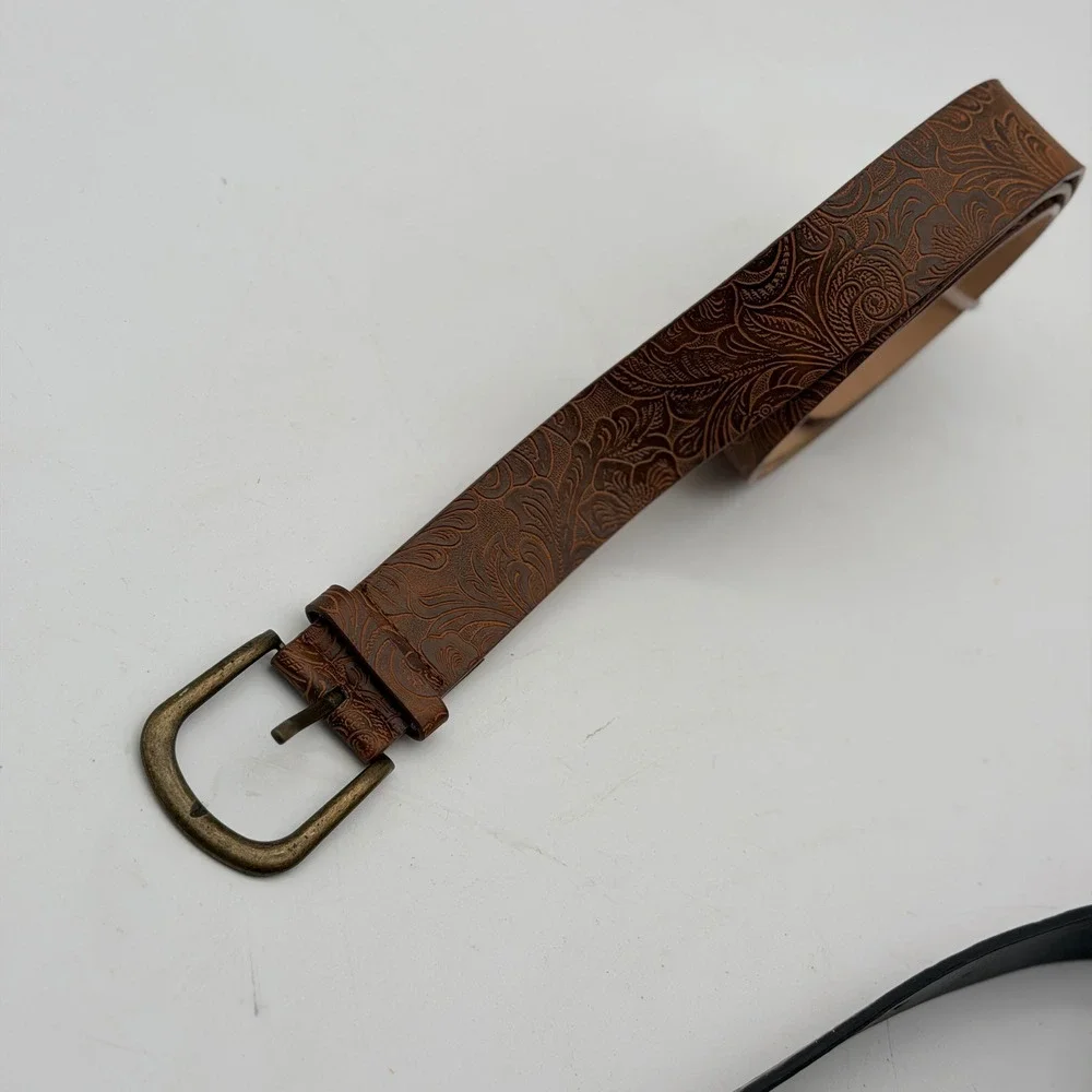 Brown Tooled Floral Embossed Western Belt Antique Brass Buckle 46 Inch Boho